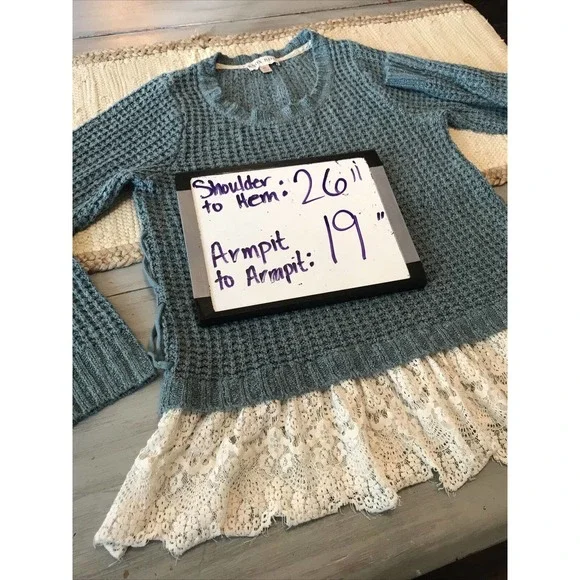 Knox Rose Blue Open Knit Lace Trim Long Sleeve Pullover Sweater Sz XL - Picture 5 of 7
